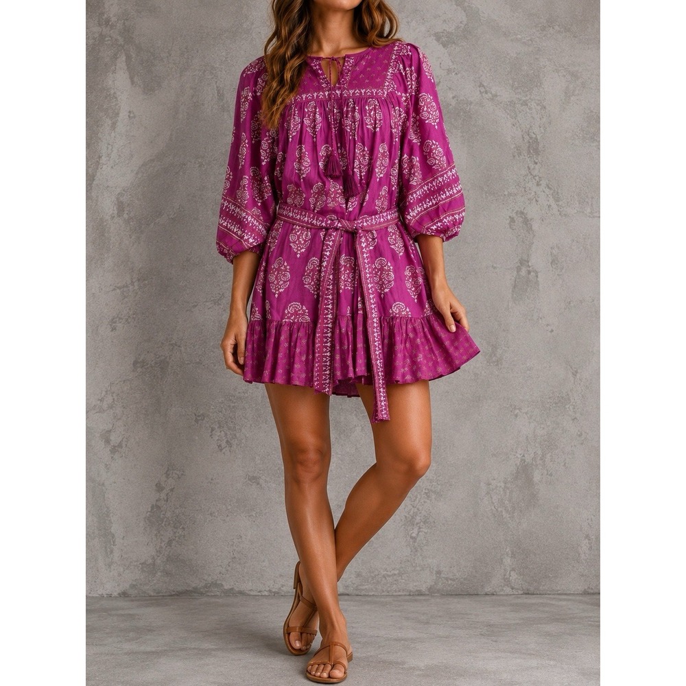 Cleobella Magdalena Mini Dress Womens XS Pink Floral Boho Belted Tassel